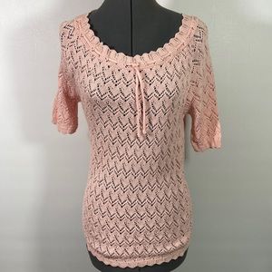 Panther Open Knitted Peachy Pink Colored Short Sleeve Top